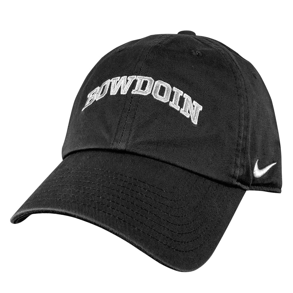 Anthracite grey ball cap with embroidered arched BOWDOIN on front in grey with white outline. White Nike swoosh embroidered on left temple.