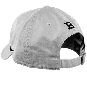 Back of wolf grey cap showing embroidered black B over closure.