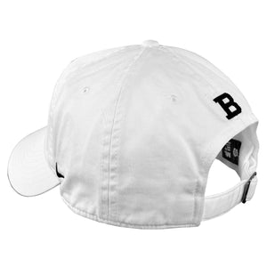 Back of white cap showing embroidered black B over closure.