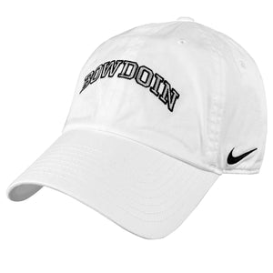 White ball cap with embroidered arched BOWDOIN on front in grey with black outline. Black Nike swoosh embroidered on left temple.