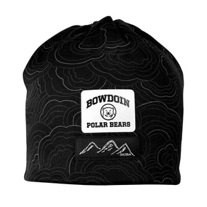 Black hat with print of cloud-lines in gradients of grey.  Front and center is a white patch with BOWDOIN arched over a mascot medallion over POLAR BEARS over a black patch with a white print of mountains over the word SKIDA.