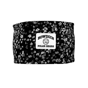 Black earband with all-over black and white floral print and white heatseal rectangular patch with BOWDOIN arched over mascot medallion over POLAR BEARS.