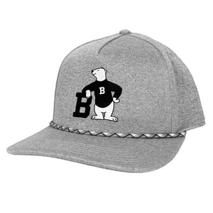 Heather grey ball cap with flat brim and white, grey, and black rope across the base of the brim. Imprint of cartoon polar bear wearing a black sweater with a white B on it. The bear is leaning on a large black letter B.