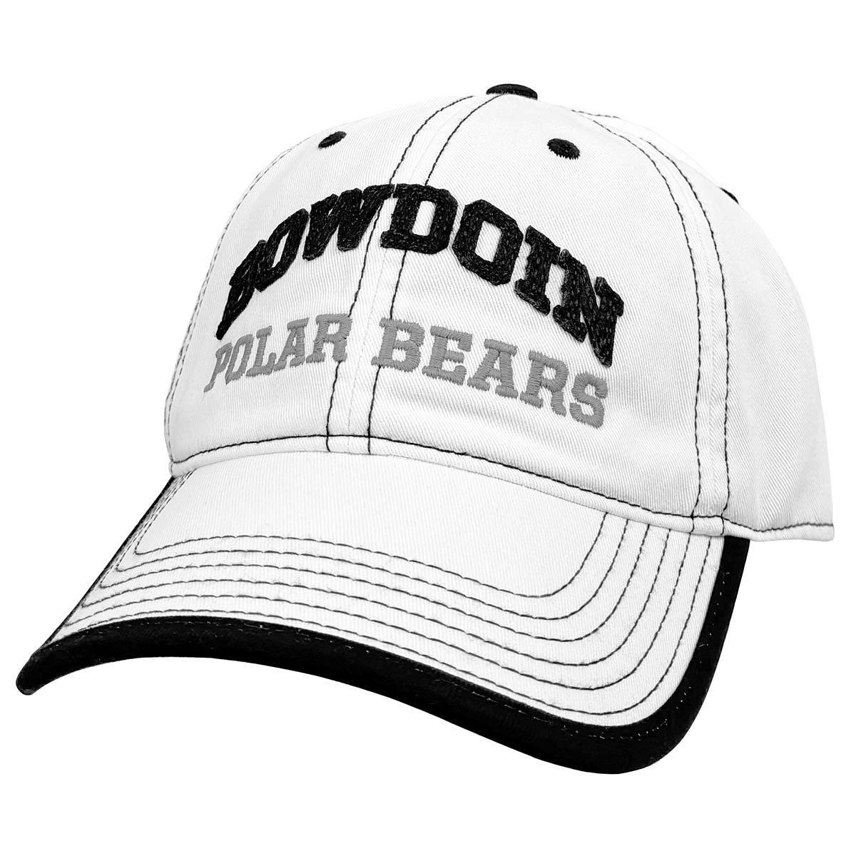 White cap with black arched BOWDOIN over grey POLAR BEARS on a white background