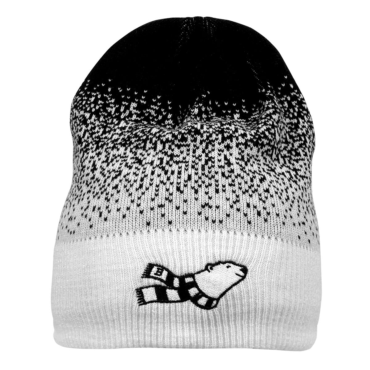 White beanie with black speckles and a polar bear design on a white background