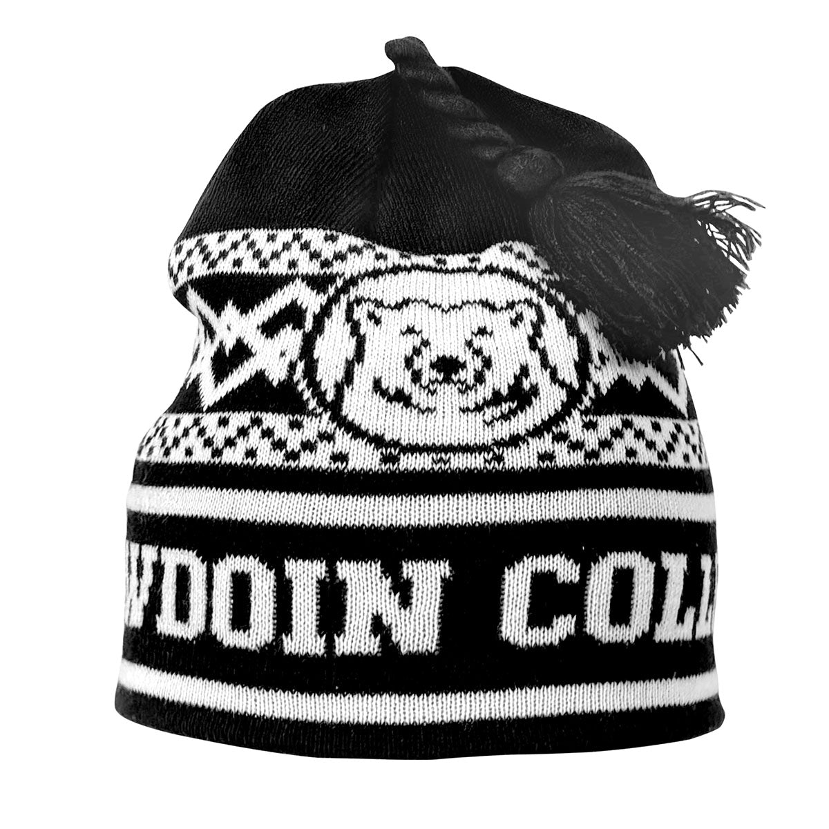 Black and white knit beanie with a bear design and 'Bowdoin College' text on a white background