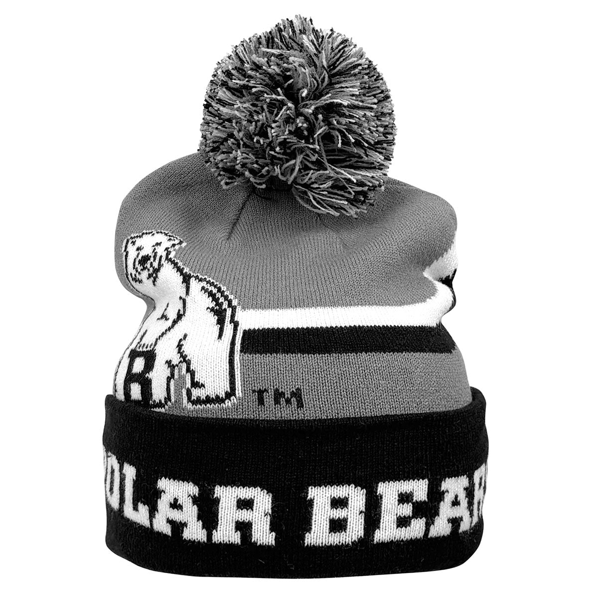 Grey beanie with polar bear knit in design over cuff, black cuff with knit in white POLAR BEARS, and black, white, and grey pom.