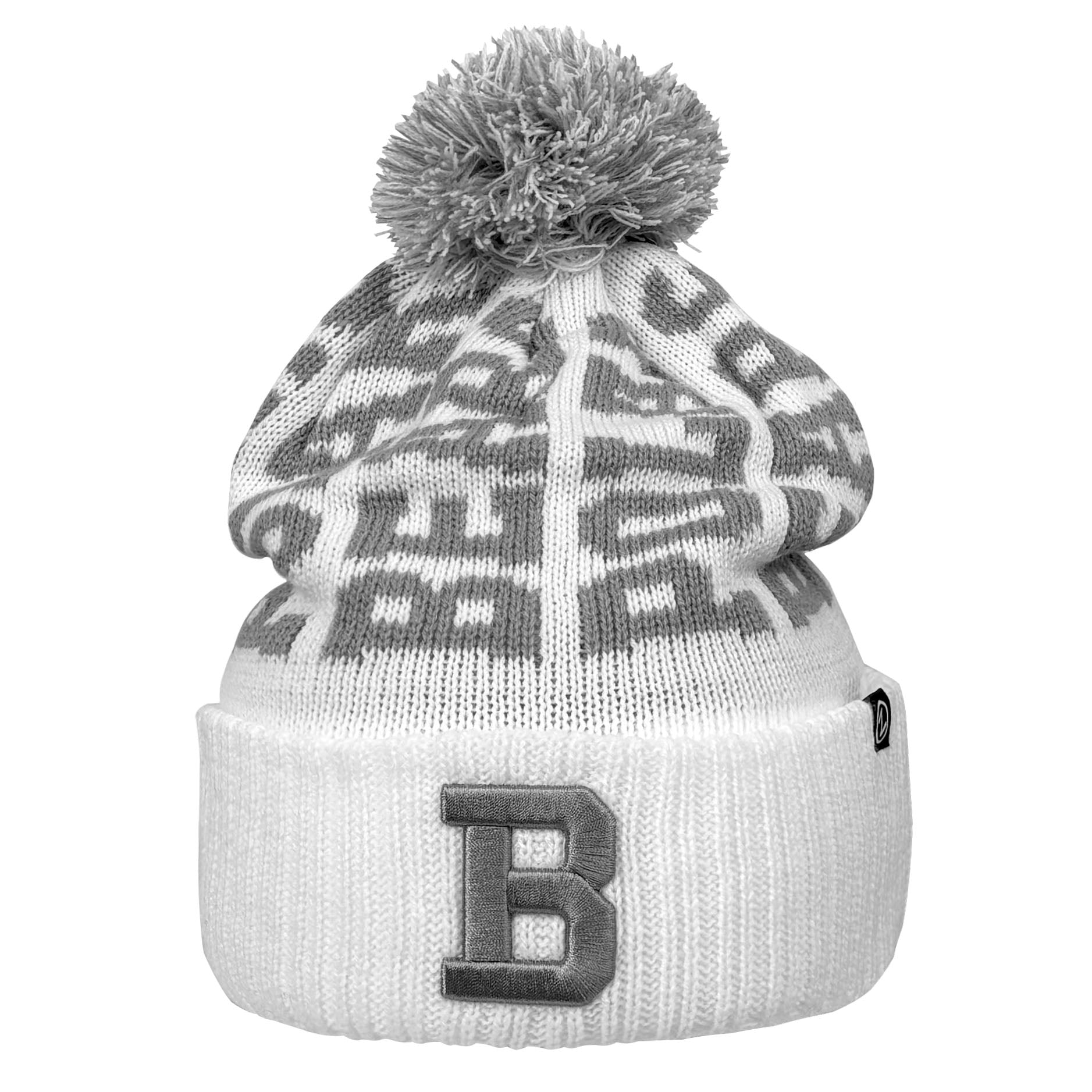 White beanie with gray POLAR BEARS pattern and pom-pom on a white background