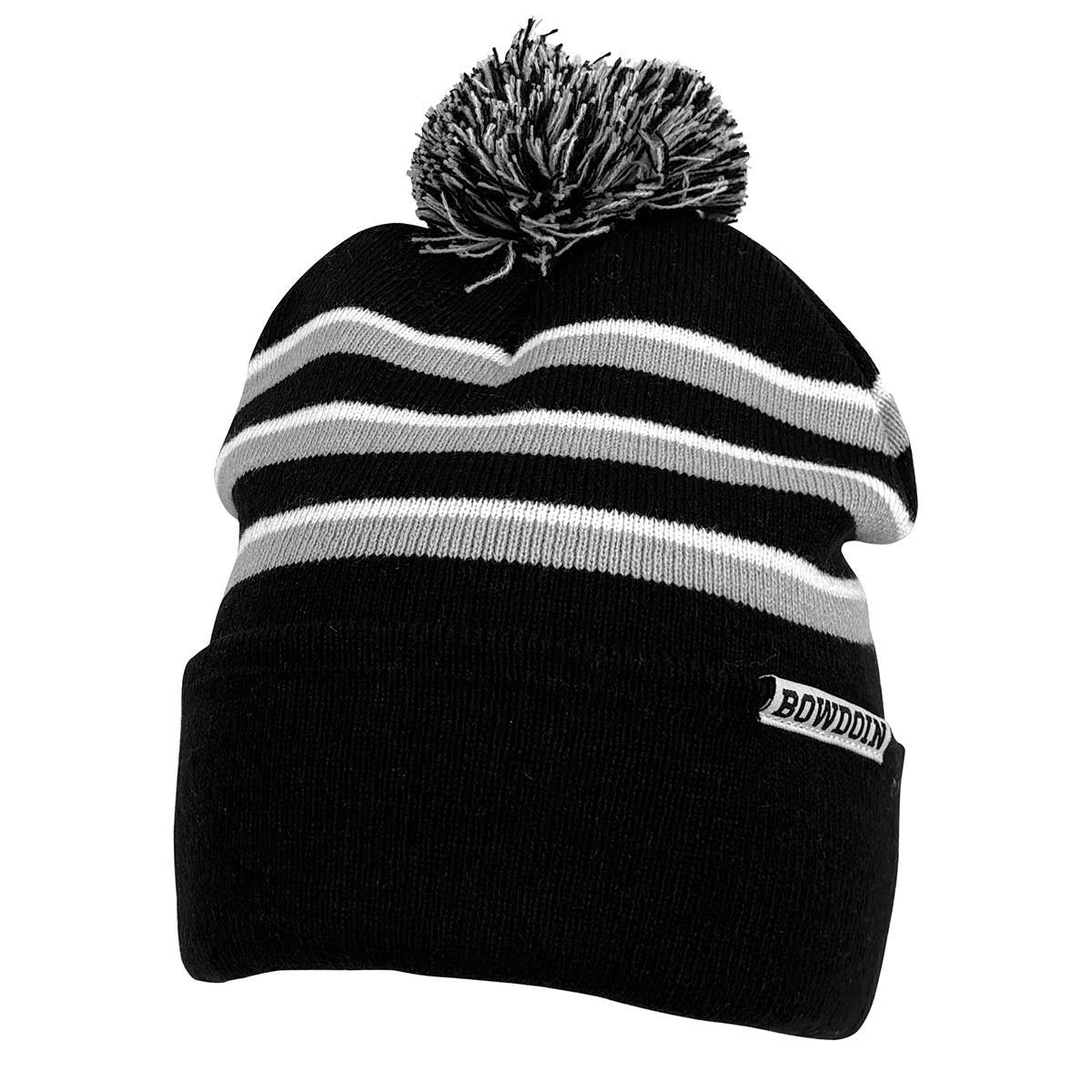 Black, white, and gray striped beanie with pom-pom on a white background. A small white ribbon with black BOWDOIN is stitched onto the hem of the folded cuff.