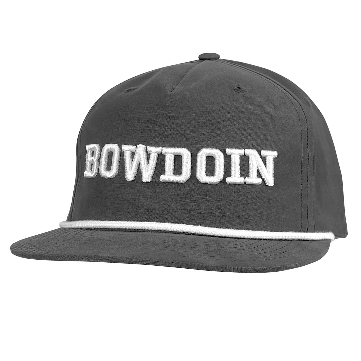 Gray cap with 'BOWDOIN' embroidered on it against a white background