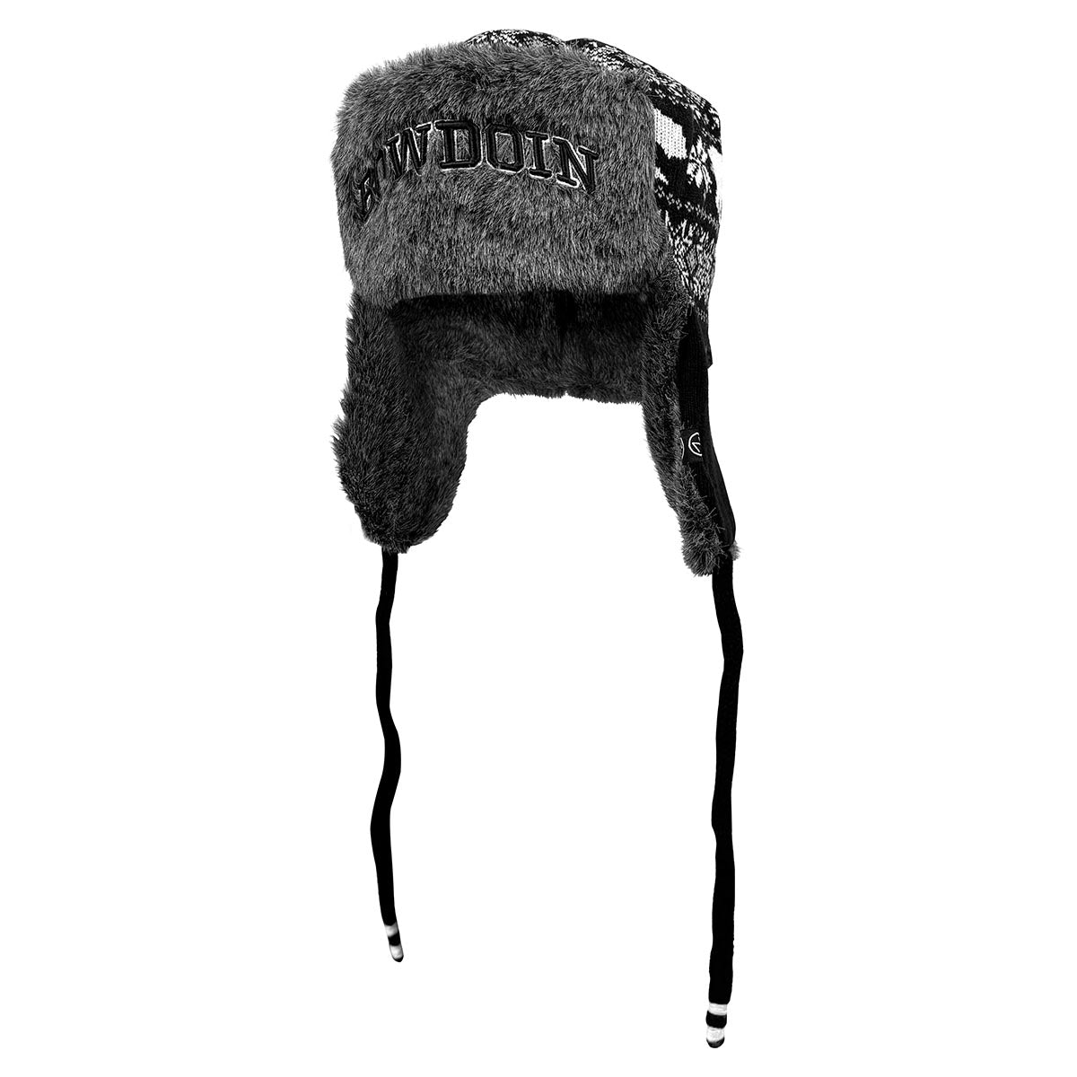 Gray furry hat with ear flaps and text on a white background
