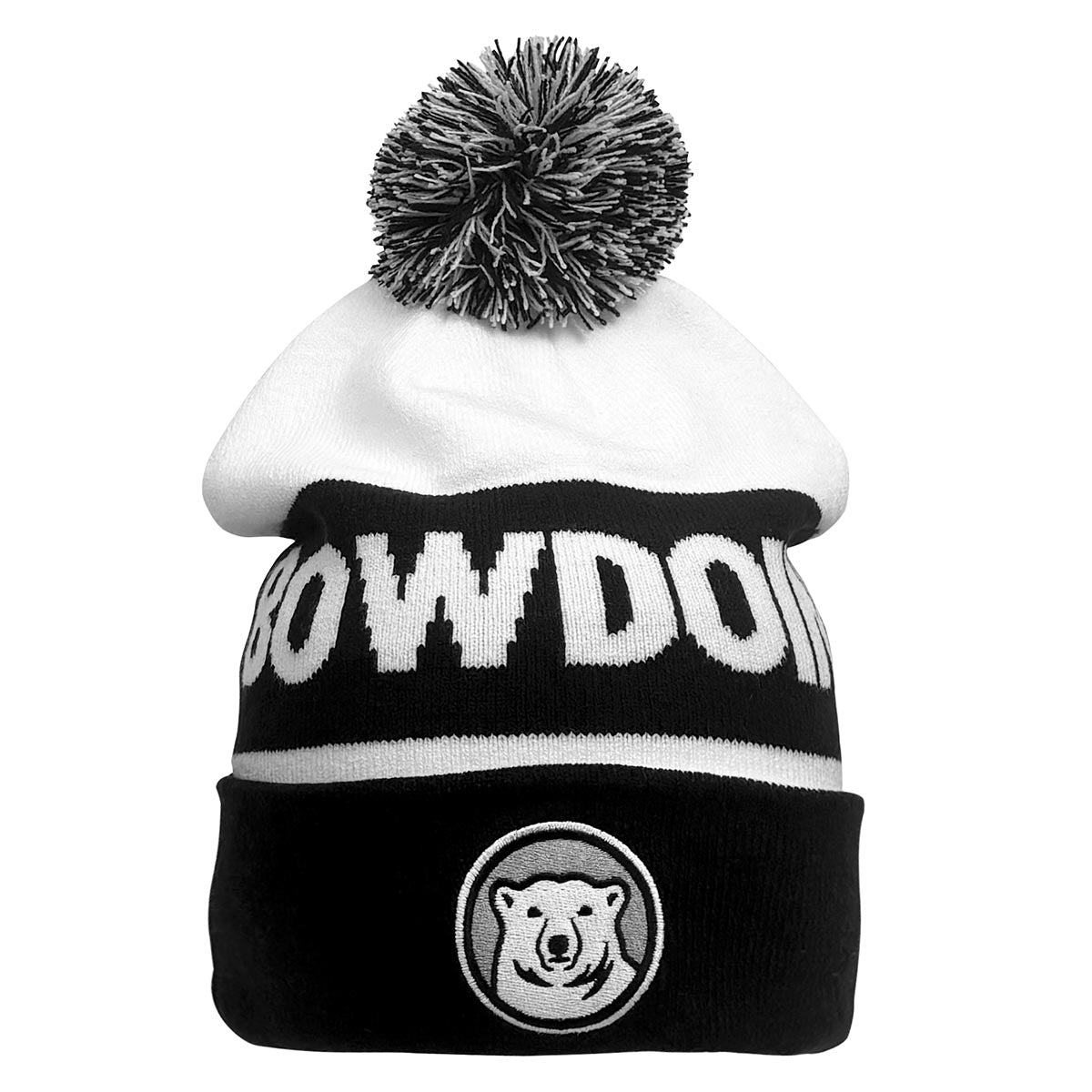 White beanie with black and white  pom-pom, 'Bowdoin' text, and bear logo on a white background