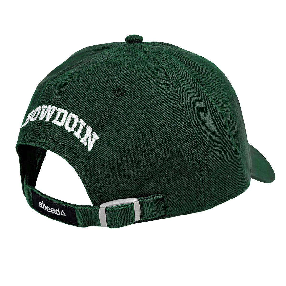 Back of green cap with 'Bowdoin' text on a white background