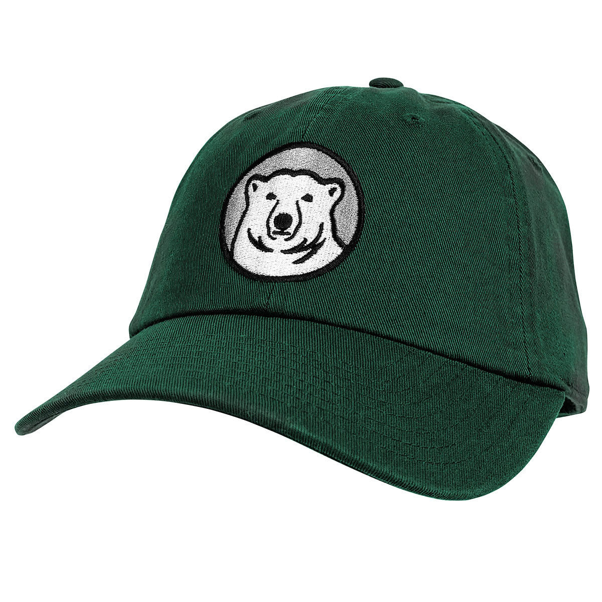 Hunter green cap with a bear logo on a white background
