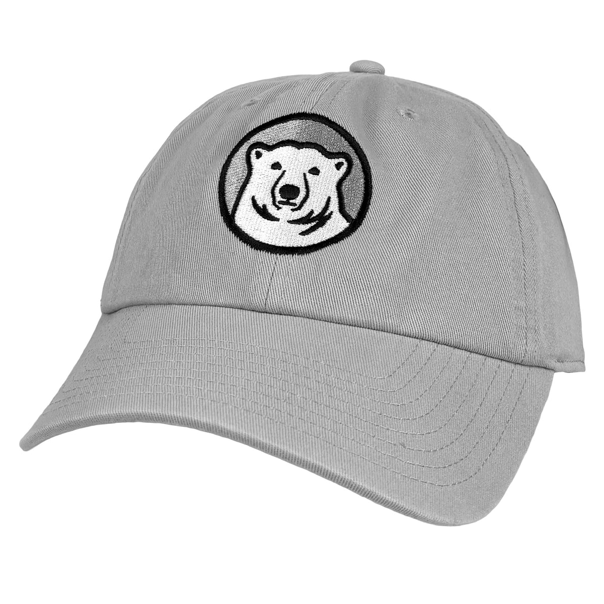 A light gray baseball cap featuring a circular embroidered polar bear logo on the front, set against a plain white background.