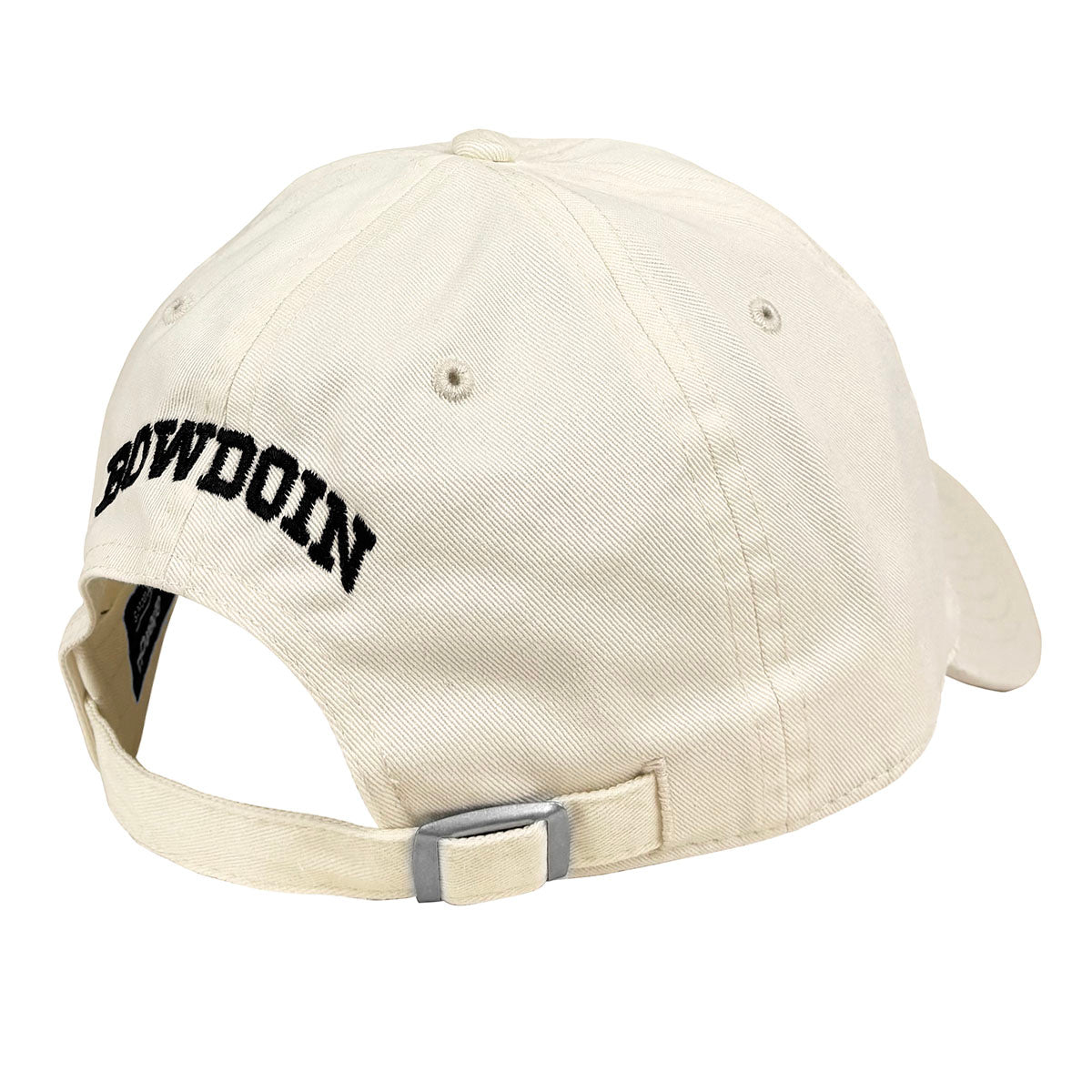 Back of off-white cap with 'Bowdoin' embroidered on the front against a white background