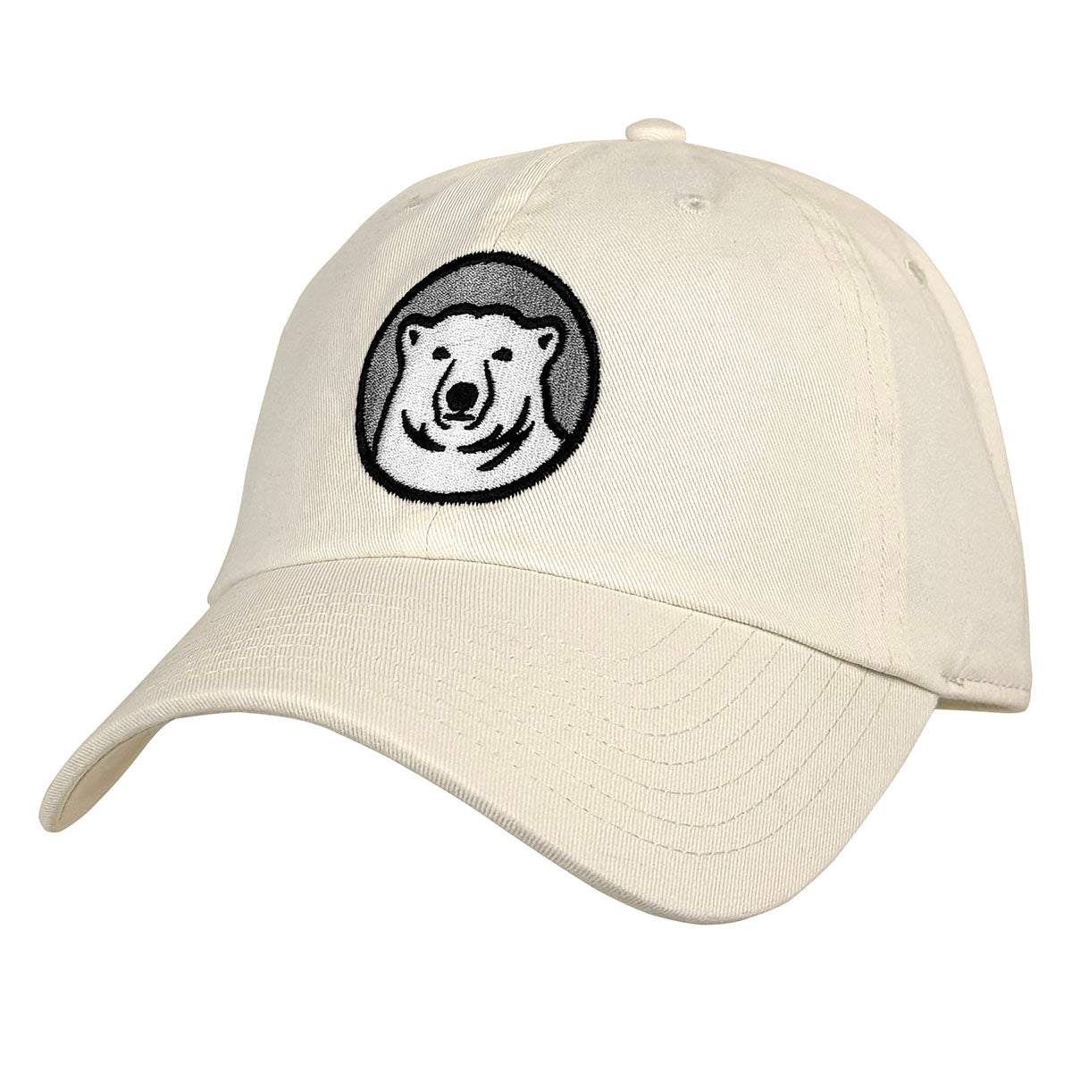 Off-white cap with a black and white bear logo on a white background