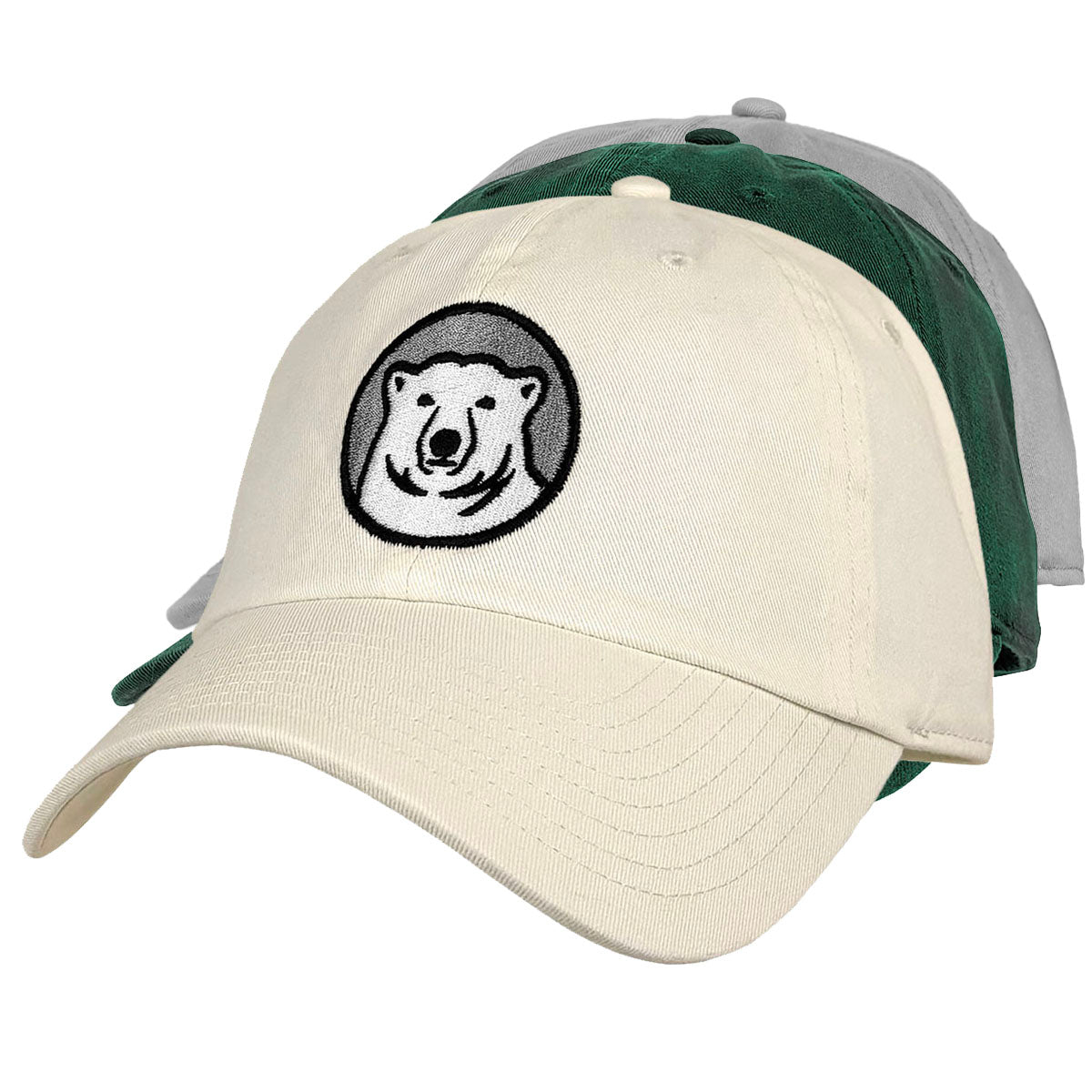 Off-white, hunter green, and gray ball caps with embroidered polar bear medallion.