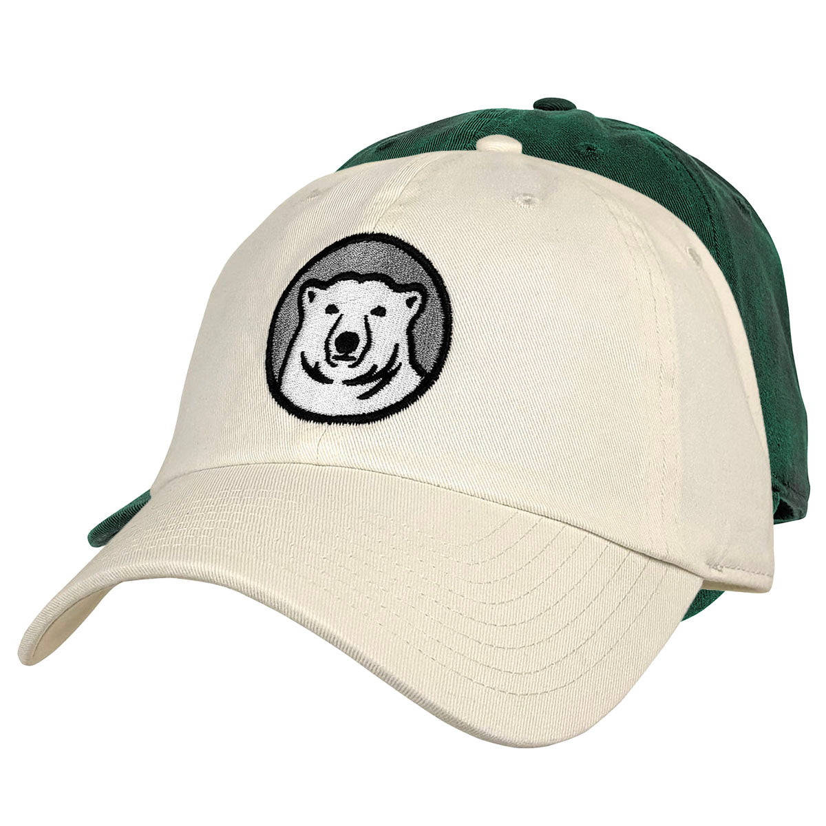 Off-white and hunter green ball caps with embroidered polar bear medallion.
