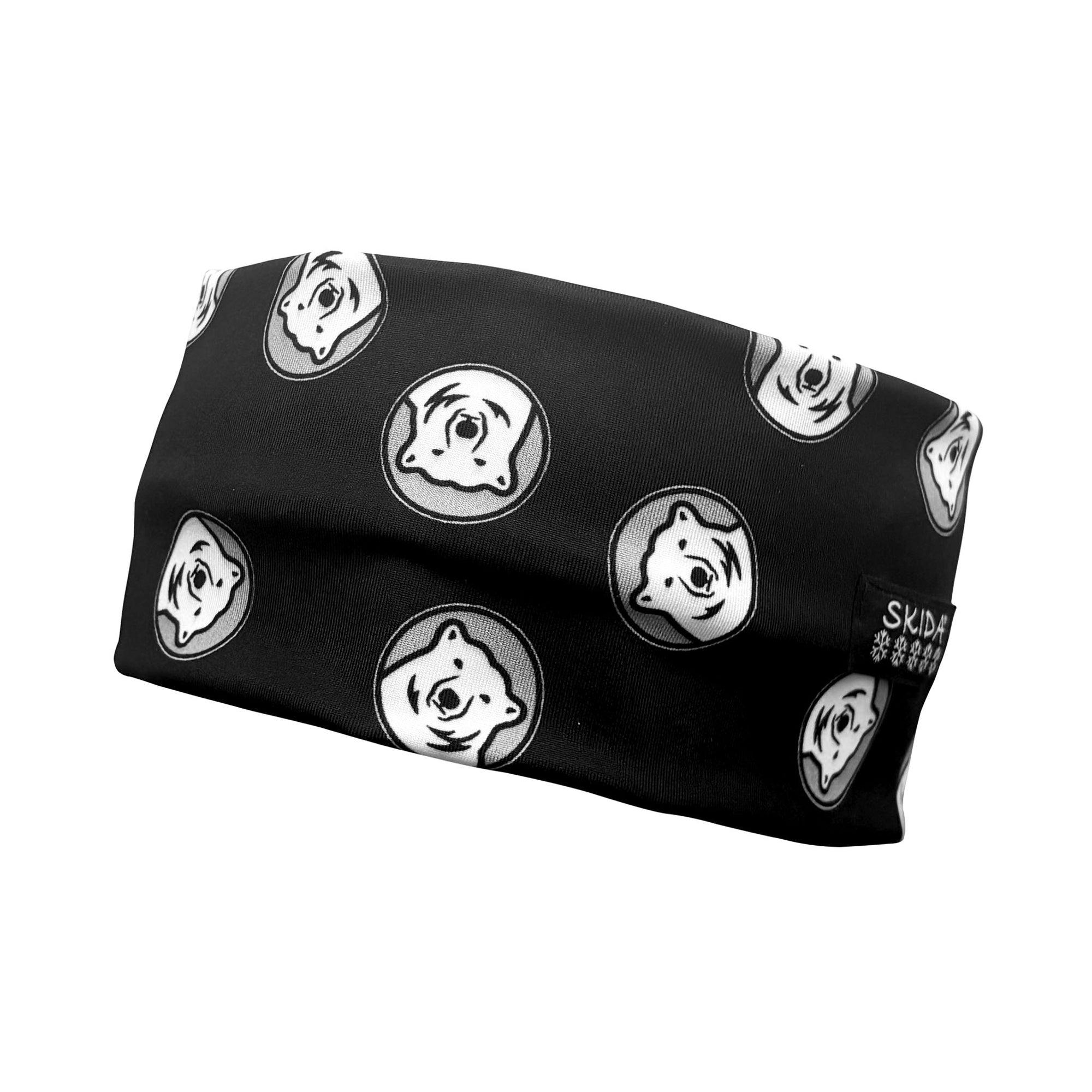 Black headband with white bear face patterns on a white background