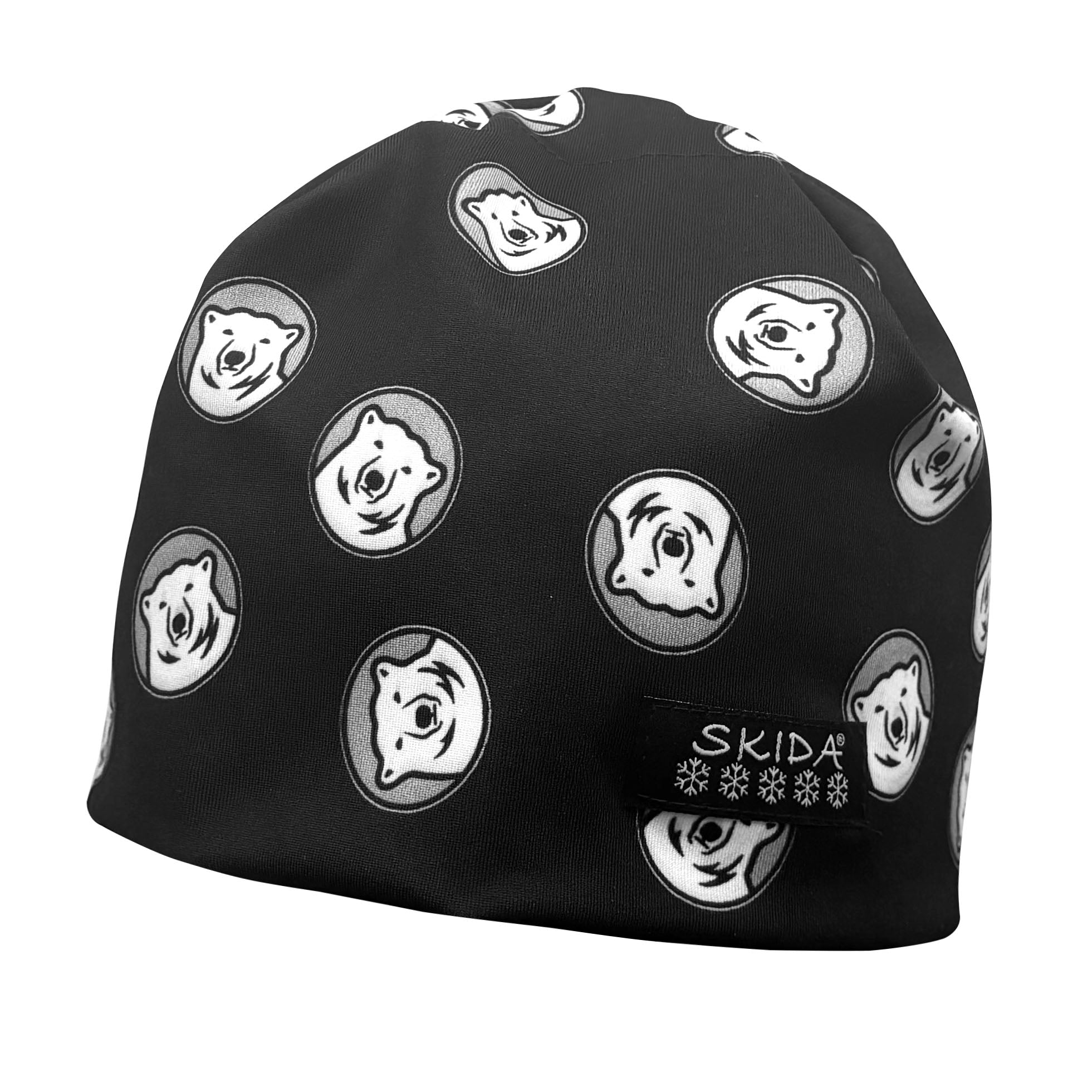 Black beanie with white bear pattern and Skida logo on a white background