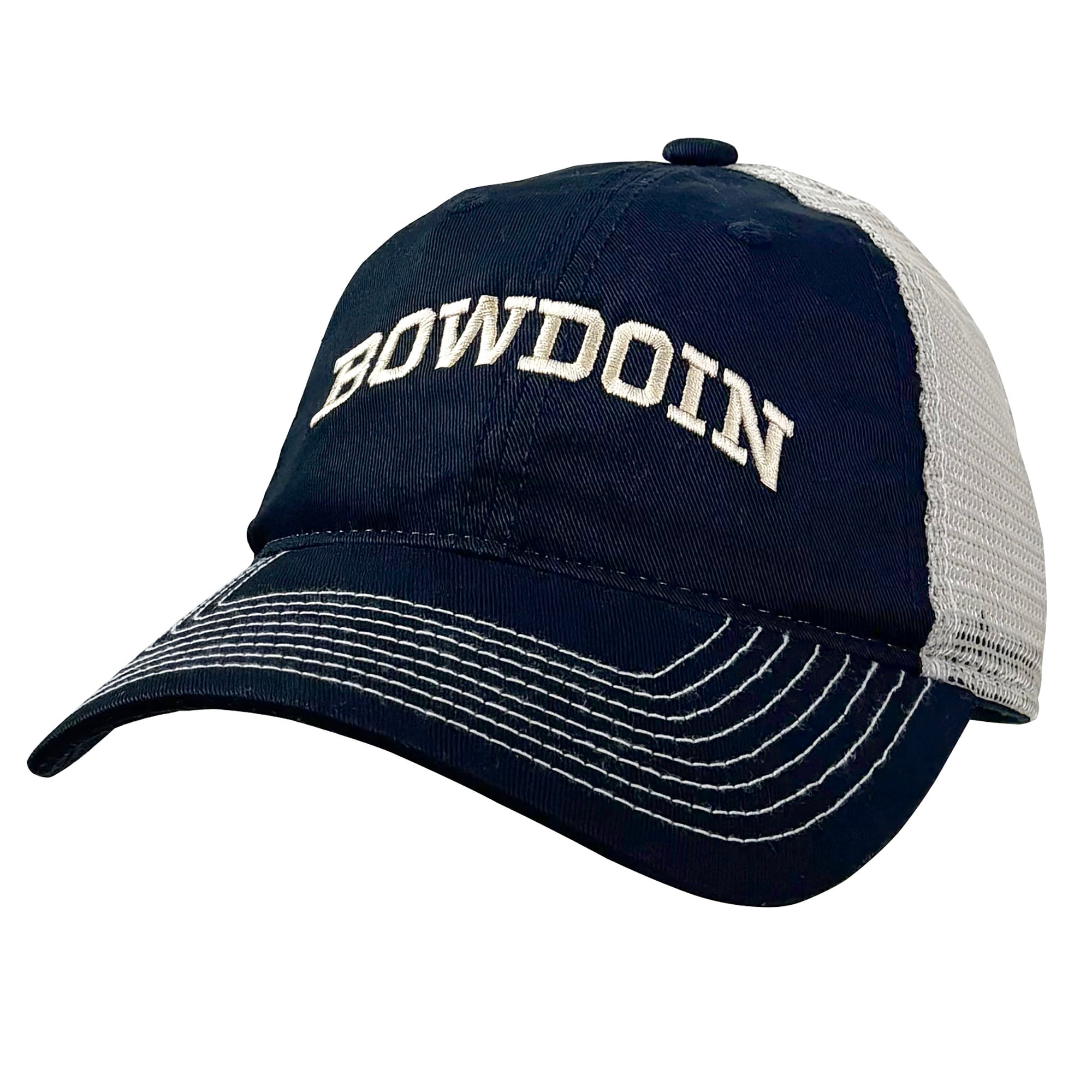 Black and cream ball cap with 'Bowdoin' text on a white background