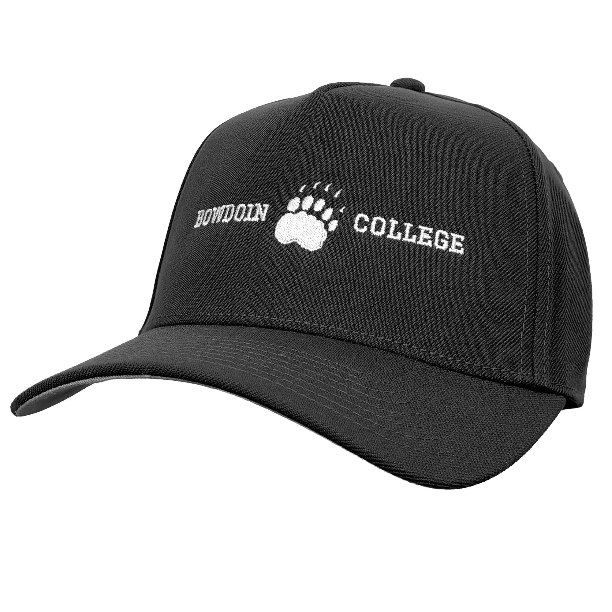 A dark gray baseball cap with white embroidered text reading 'BOWDOIN COLLEGE' and a white paw print logo on the front, shown against a plain white background.