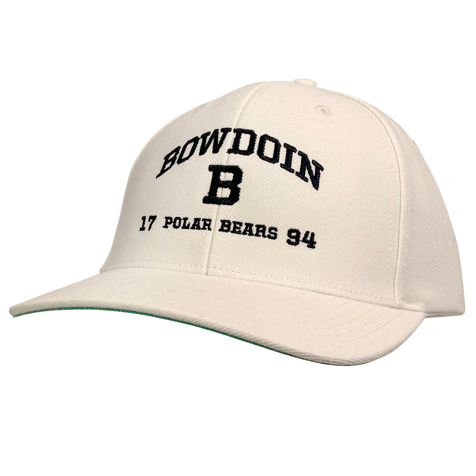 An off-white baseball cap with black embroidered text reading 'BOWDOIN', a large 'B' logo, and '17 POLAR BEARS 94' on the front panel.
