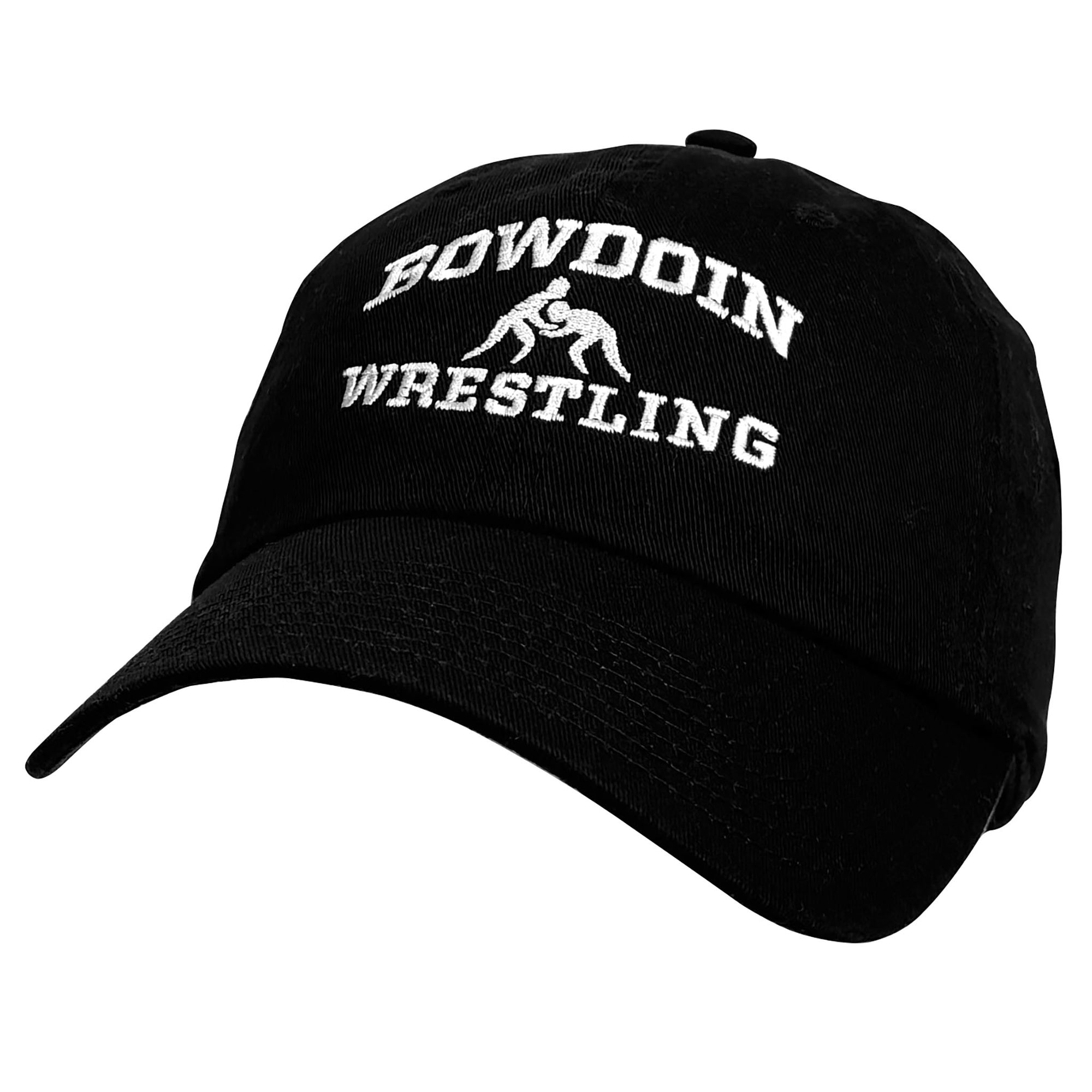 A black baseball cap with white embroidered text reading 'BOWDOIN WRESTLING' and a wrestling graphic on the front, shown on a plain white background.