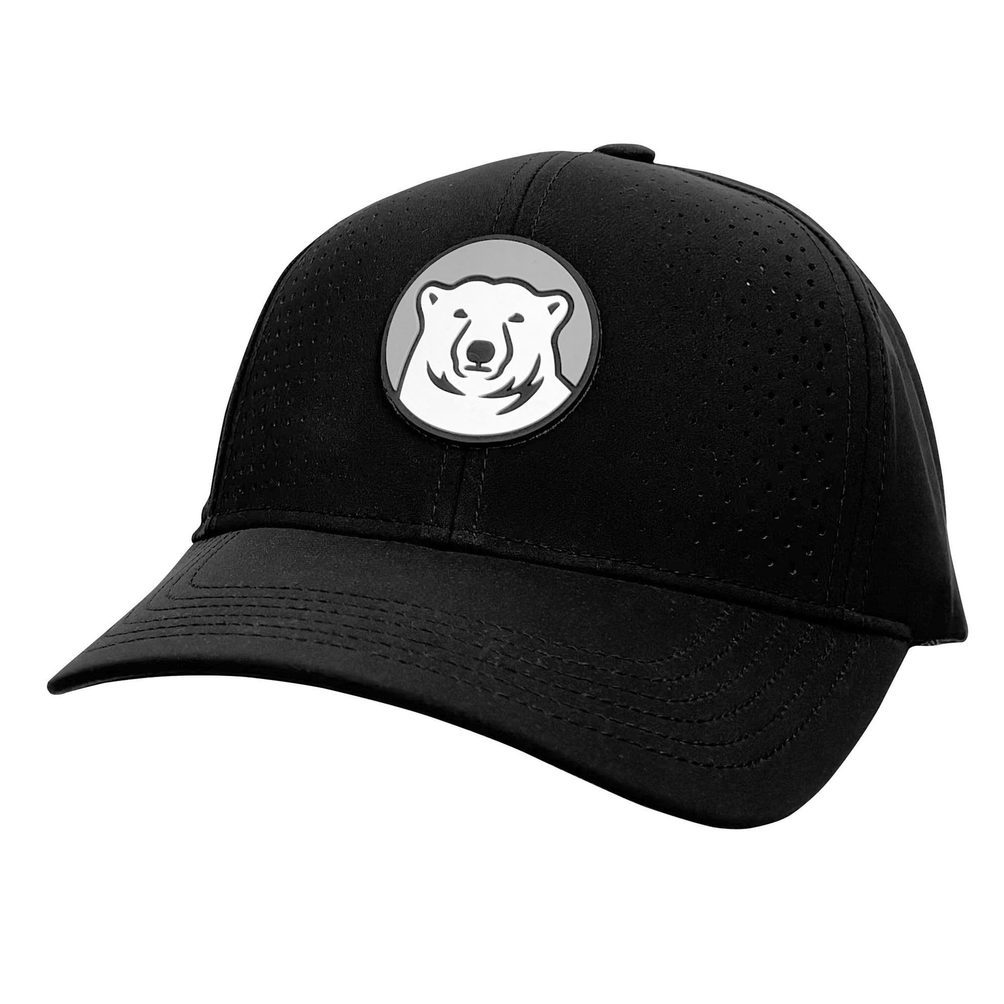 A black baseball cap with a circular patch on the front featuring a stylized white polar bear head on a gray background.