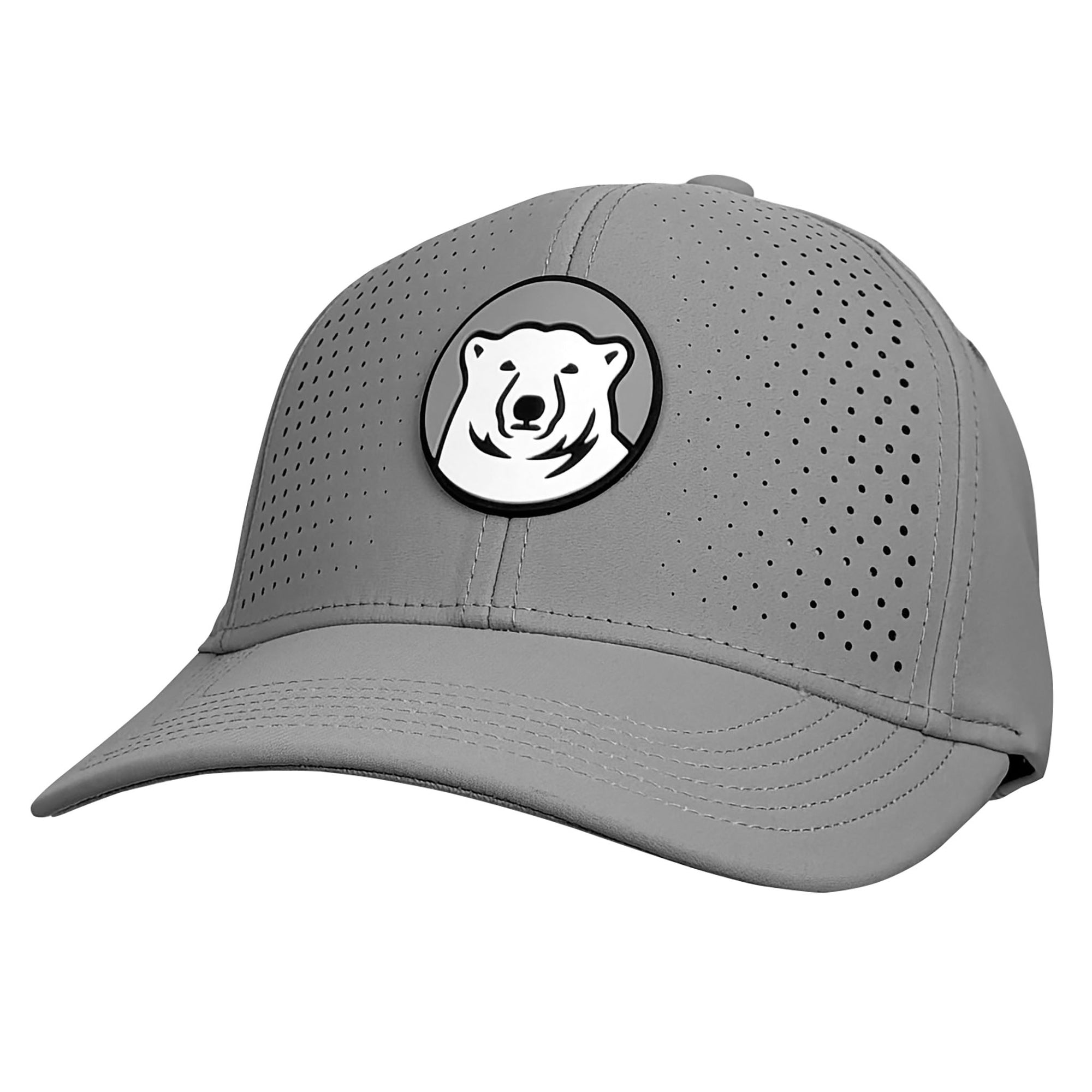 A gray baseball cap with a circular patch on the front featuring a stylized white polar bear head on a gray background.