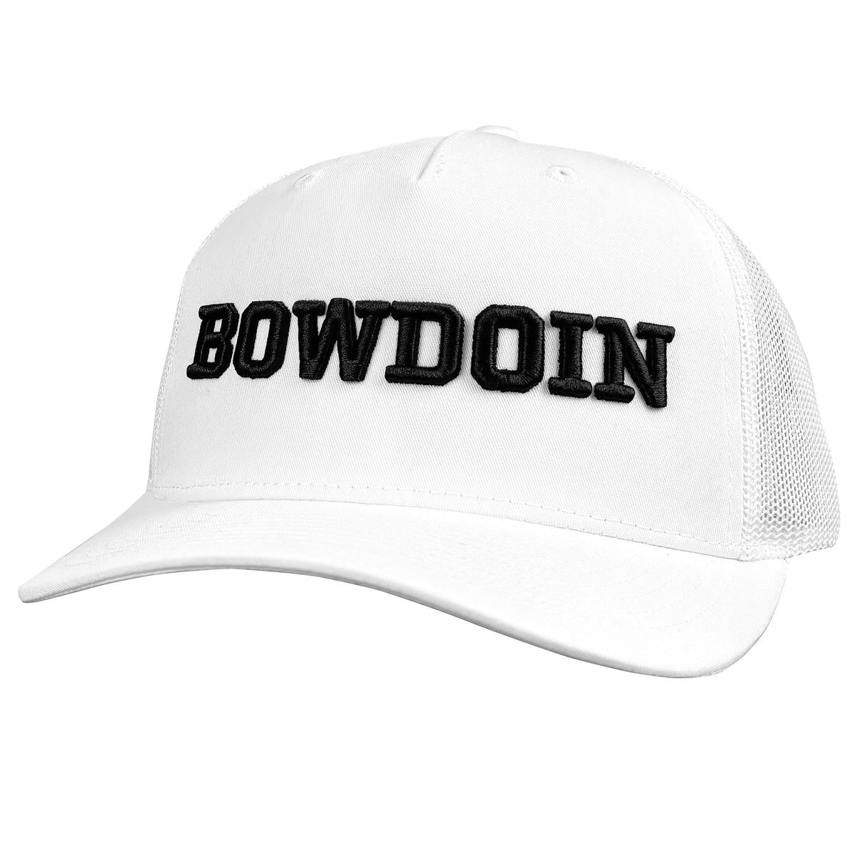 A white structured trucker-style cap with black embroidered 'BOWDOIN' text across the front, shown on a plain white background.
