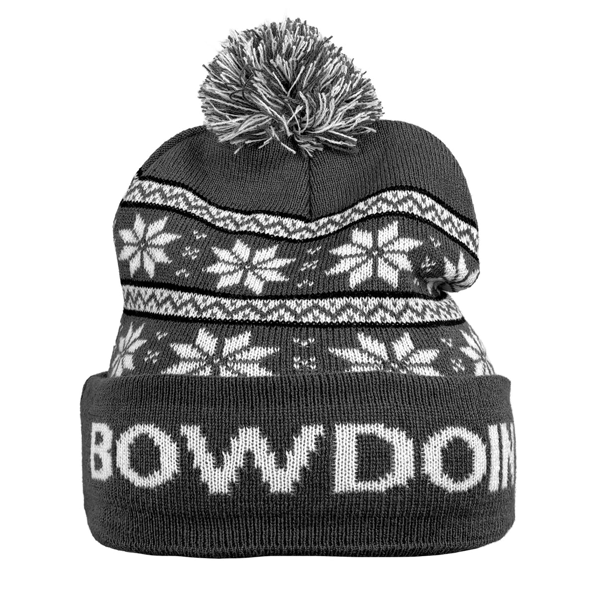 A dark gray knit pom-pom beanie with white snowflake patterns and 'BOWDOIN' text on the cuff, shown against a plain white background.