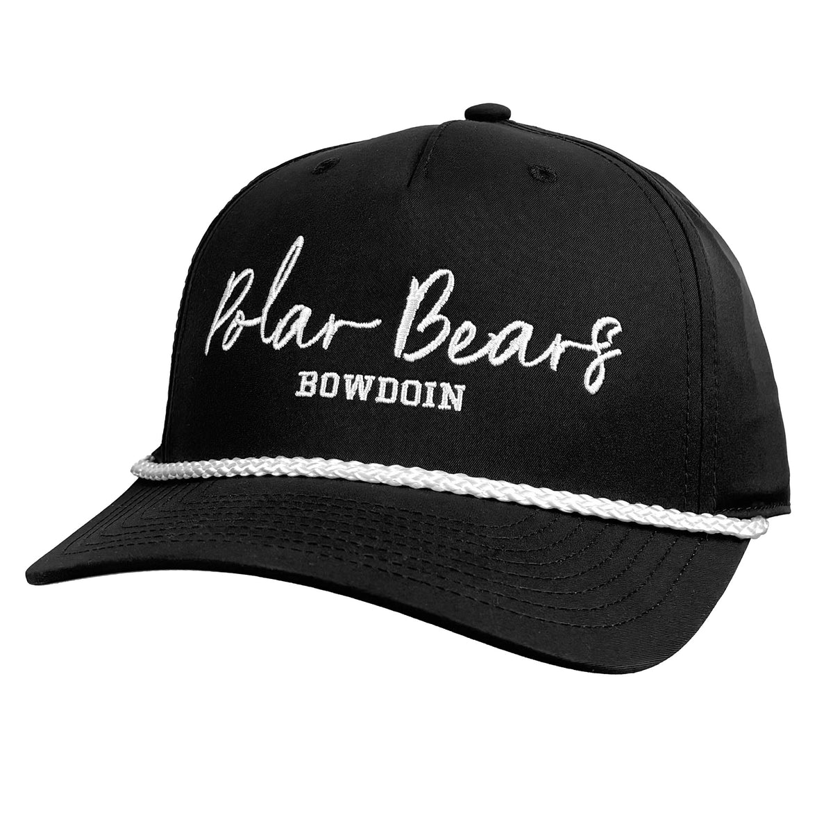 A black baseball cap with white embroidered text reading 'Polar Bears BOWDOIN' and a white braided rope detail across the front, shown on a plain white background.