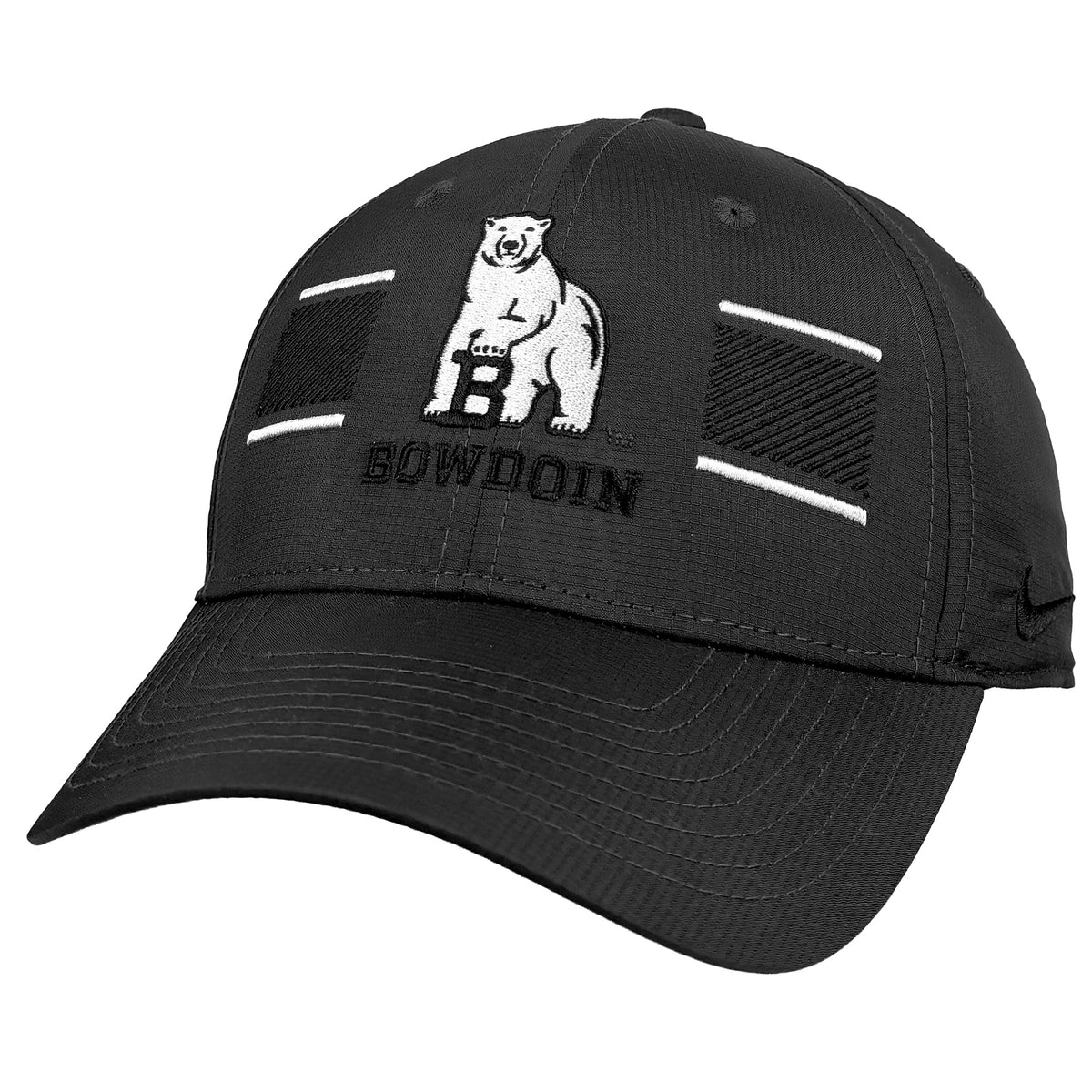 A dark gray curved-brim baseball cap featuring a white embroidered polar bear logo with a 'B' and the word 'BOWDOIN' on the front, flanked by black and white stripe accents.