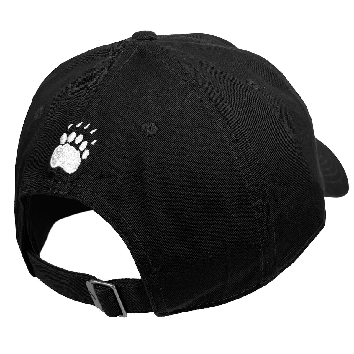 Black baseball cap with a white embroidered bear paw print on the side, shown from a rear three-quarter angle against a white background.
