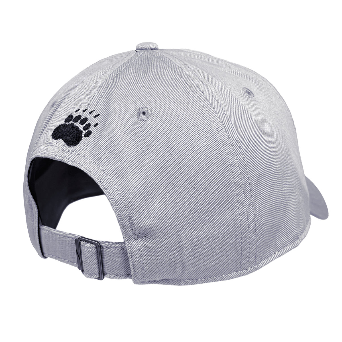 A light gray baseball cap shown from the back, featuring a black embroidered bear paw logo on the left side and an adjustable gray back strap.