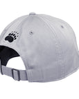 A light gray baseball cap shown from the back, featuring a black embroidered bear paw logo on the left side and an adjustable gray back strap.