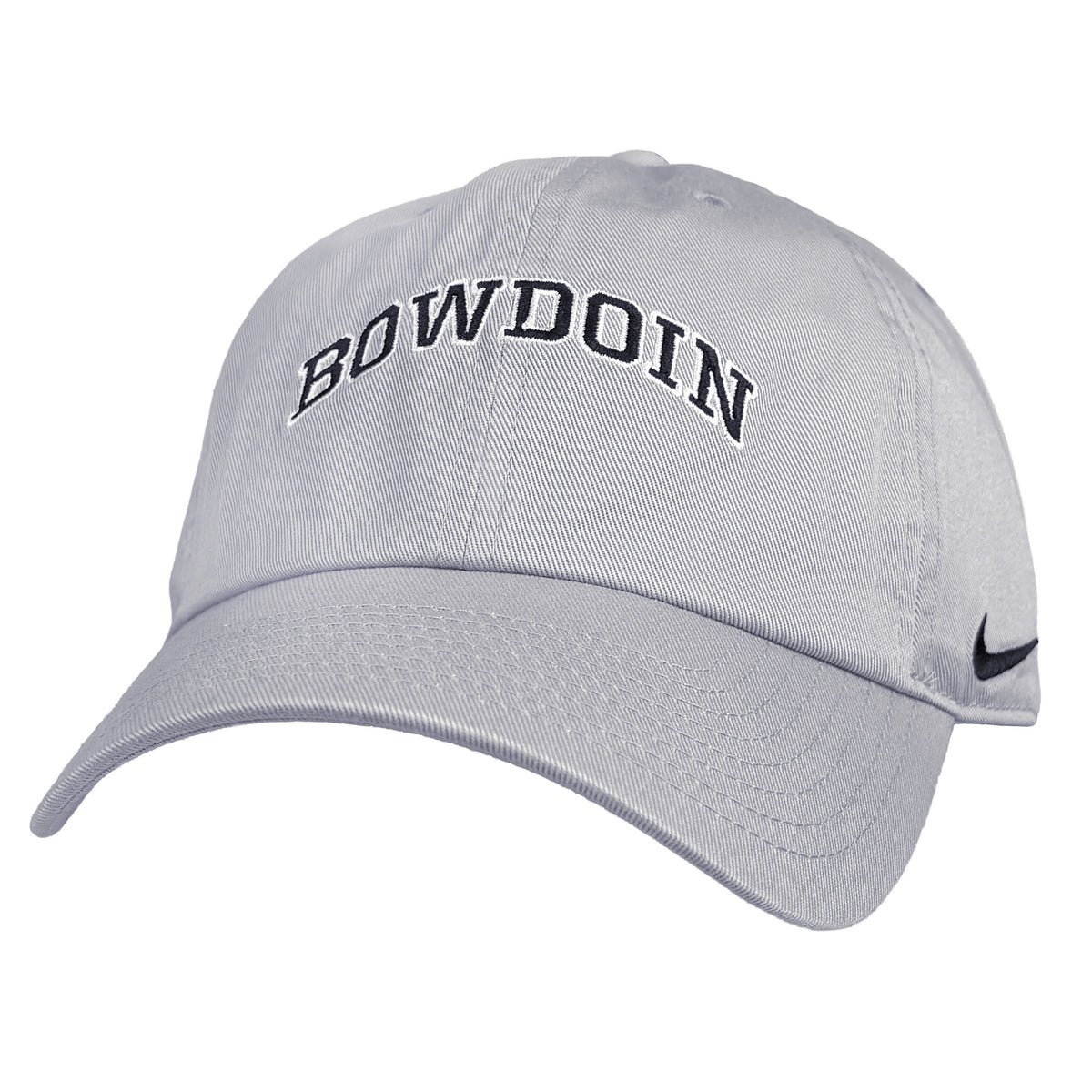 A light gray baseball cap featuring 'BOWDOIN' embroidered in black arched lettering with a white outline on the front, and a small black Nike swoosh on the side, set against a plain white background.