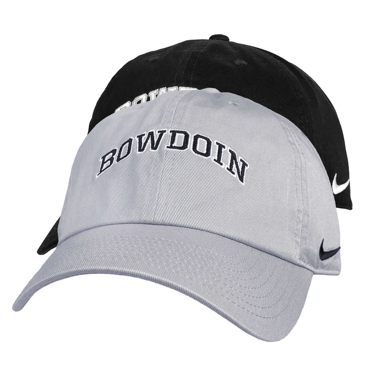 Two Nike Bowdoin baseball caps shown from the front, one in light gray, one in black, displayed on a plain white background.