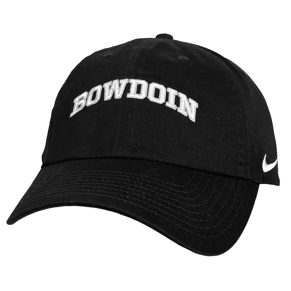 A black baseball cap featuring 'BOWDOIN' embroidered in white arched letters on the front and a white Nike swoosh on the side, set against a plain white background.
