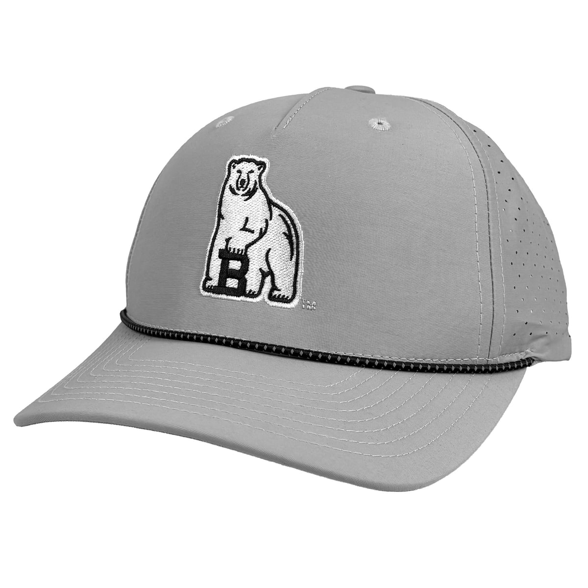 A light gray baseball cap featuring an embroidered black and white polar bear logo with a 'B' on the front, set against a plain white background.