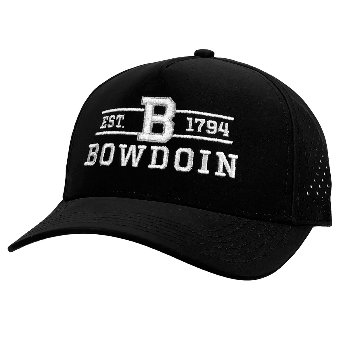 A black baseball cap with white embroidered text reading 'EST. B 1794 BOWDOIN' on the front panel, shown on a plain white background.