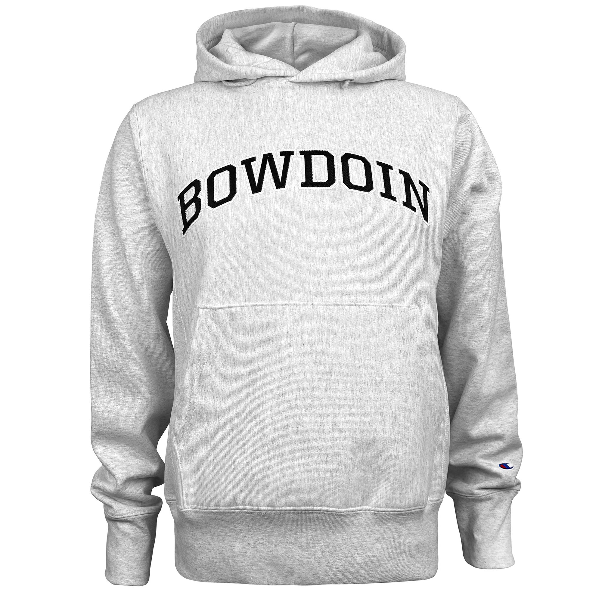 Gray hoodie with 'Bowdoin' text on a white background