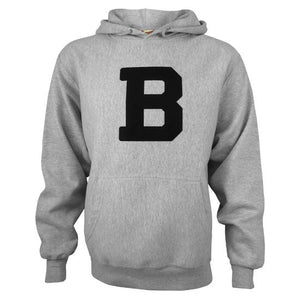Heather grey pullover hooded sweatshirt with black felt B applique and front pouch pocket.
