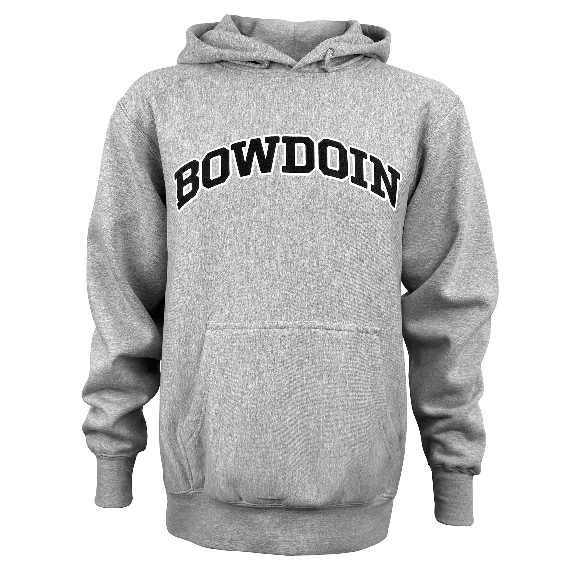 Heather grey hoodie with BOWDOIN imprint.