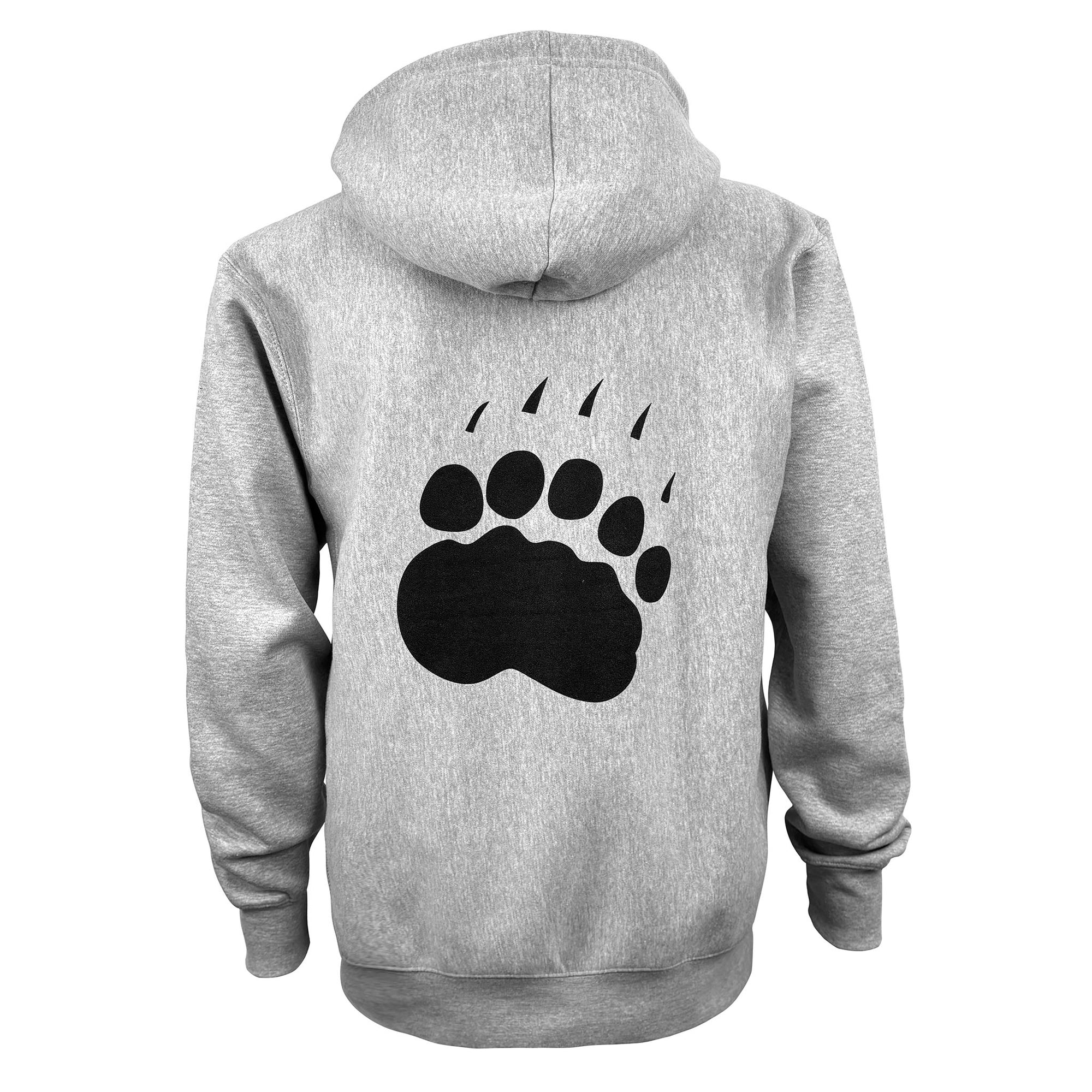 Back of heather grey hoodie showing large black paw print on back.