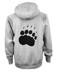 Back of heather grey hoodie showing large black paw print on back.