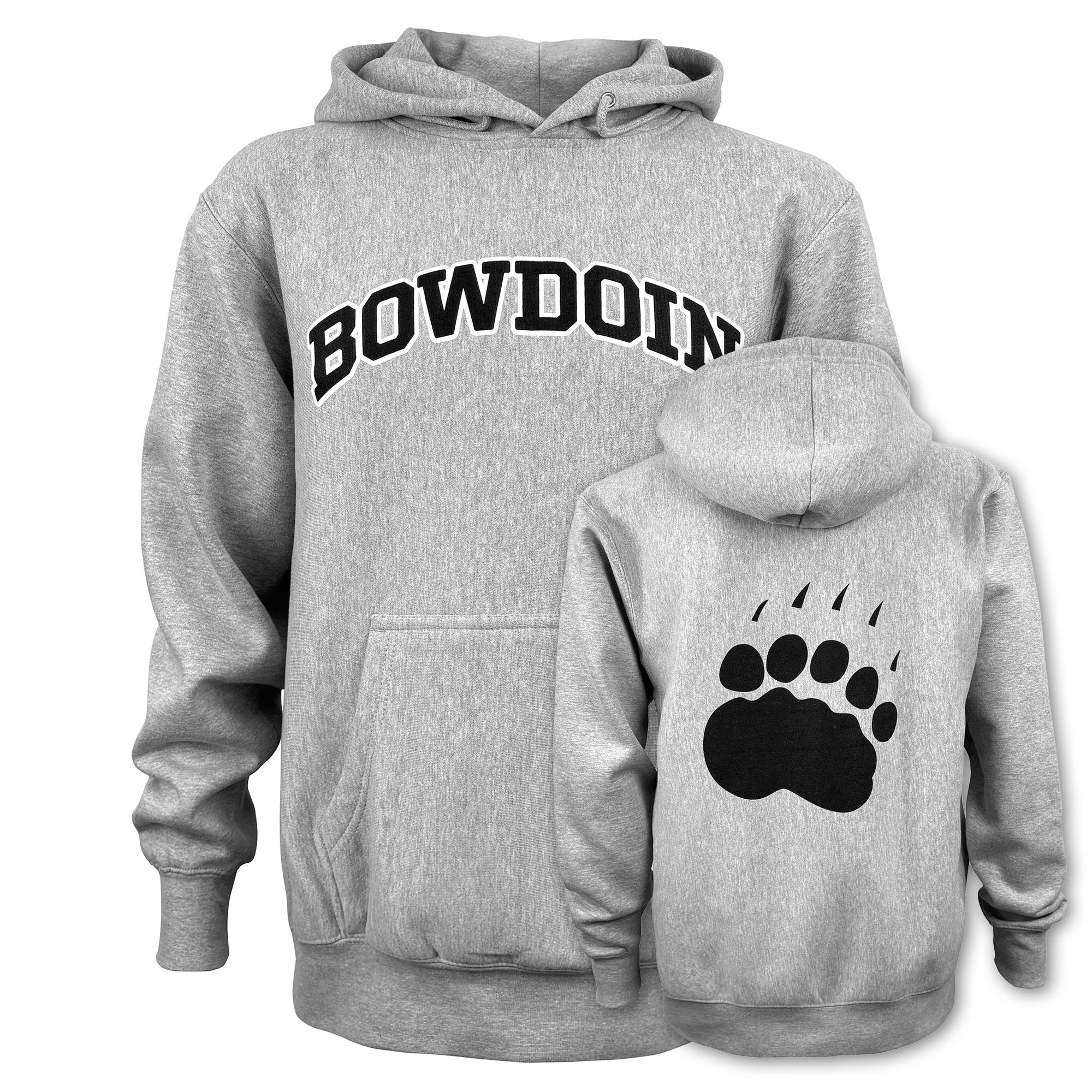 Front and back view of grey Bowdoin hoodie with paw print on back.