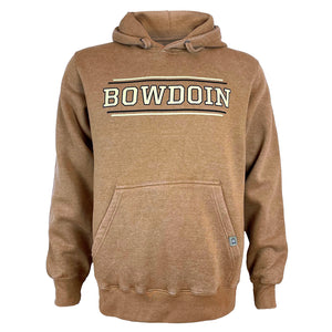 Hazelnut brown heather pullover hood with cream and black chest imprint: cream line over black line over BOWDOIN in cream with black outline over black line over cream line.